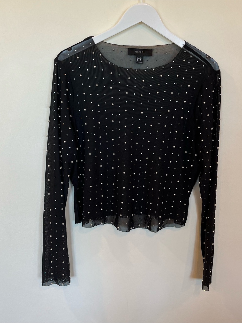 Forever 21+ Black Sheer Mesh Pearl Rhinestone Long Sleeve Round Neck Top 1X Crop